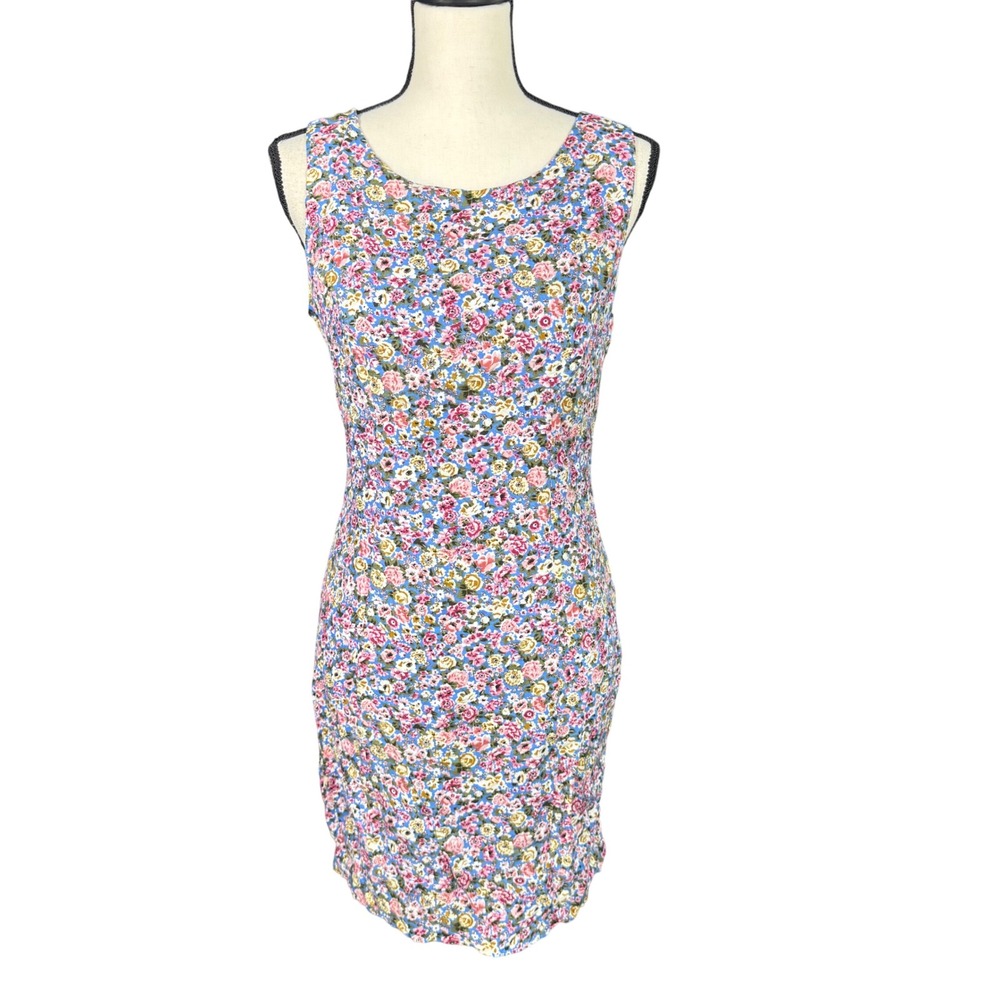 Moda International Floral Sleeveless Sheath Dress Blue Pink Rayon Vintage Size 8